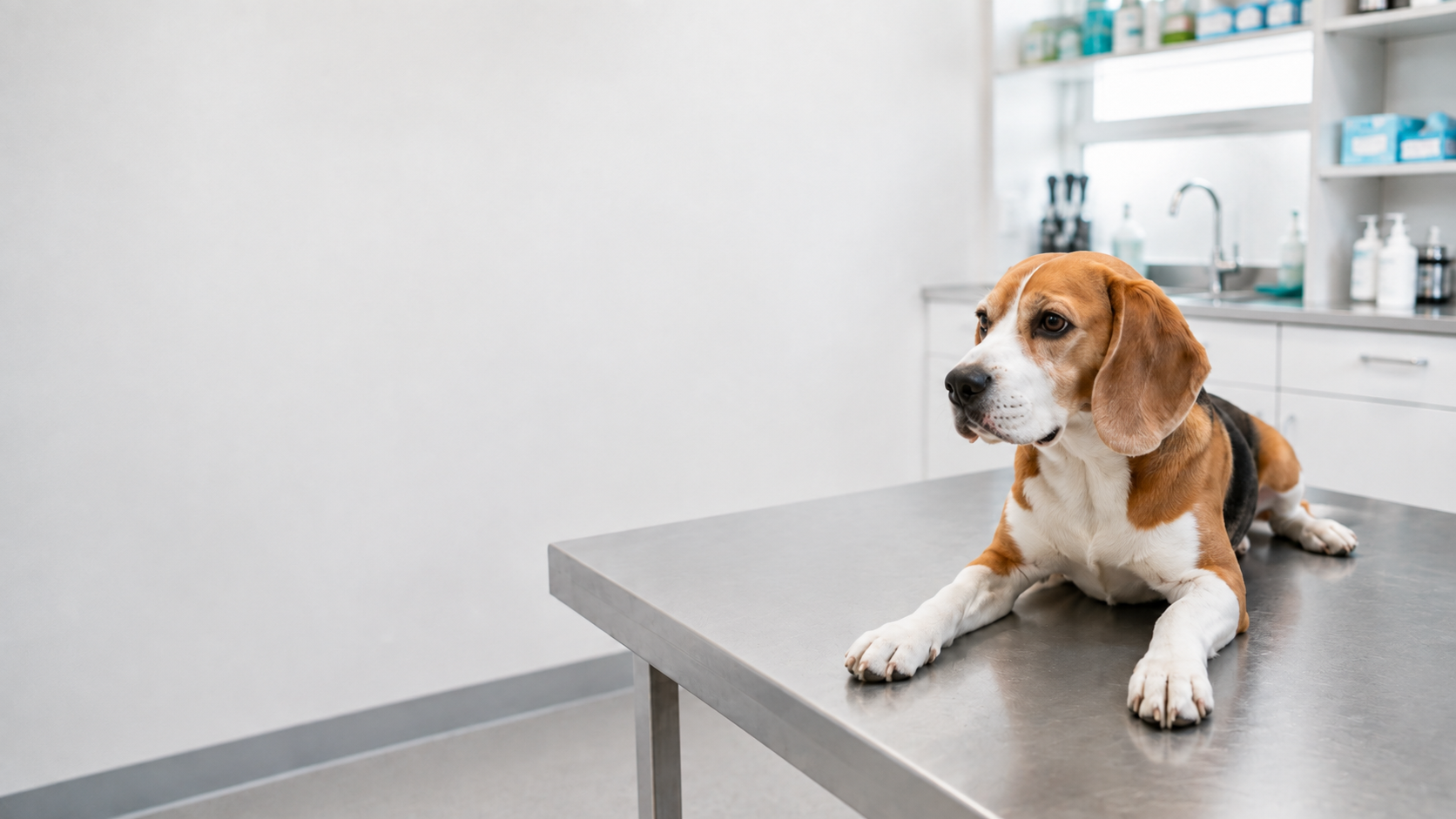 Spokojny beagle leżący w gabinecie weterynaryjnym